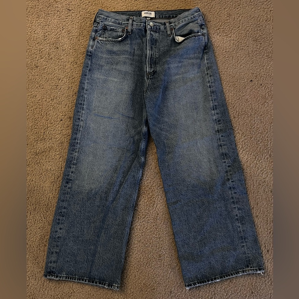 AGOLDE ankle straight leg medium/light wash high rise rigid denim. Size 31.
